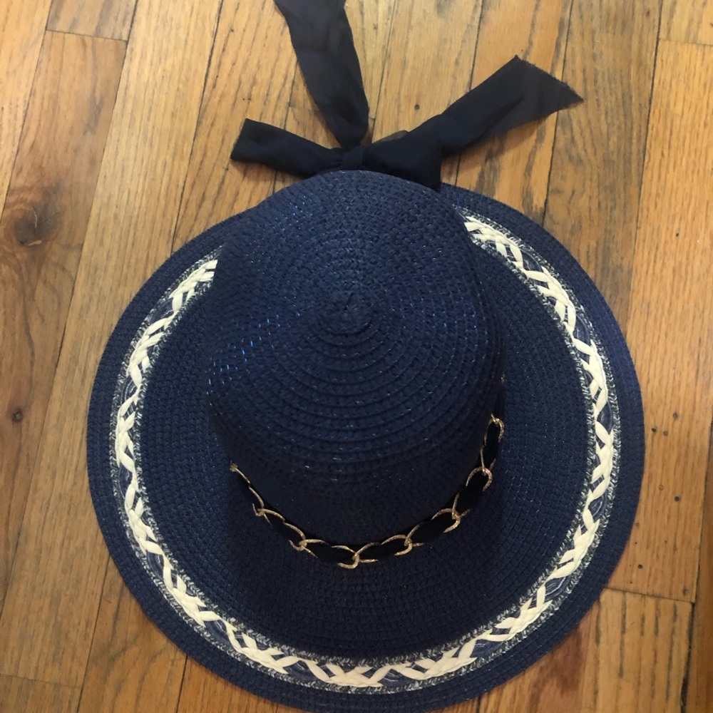 Women Hand made sun half hat made in the Philippines. Blue with Gold.